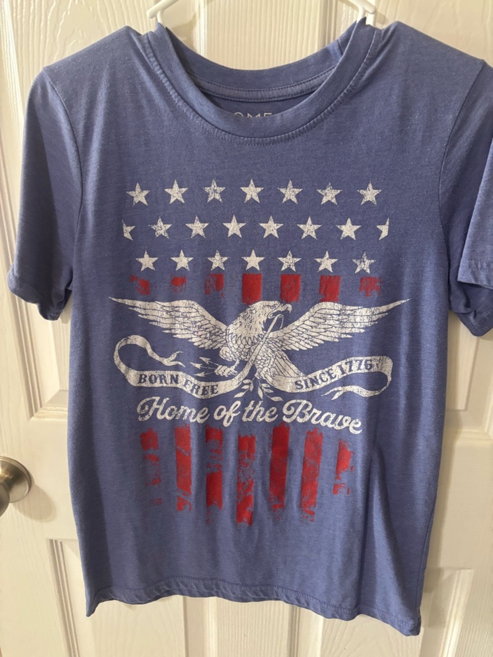 Old Navy Blue Short Sleeve Tee with White Eagle & Red Flag Graphic